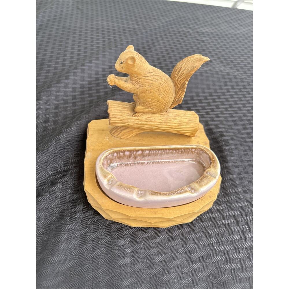 Vintage Hand Carved Wooden Squirrel Figurine Wood Statue Ashtray Ceramic 5” X 6”